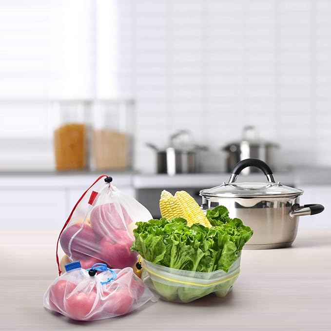 18 pack Reusable Produce Bags,Reusable produce bags for grocery,See-Through Medium Pack mesh bags Washable Grogery Bags,useful for storage fruits,vegetables,toys……