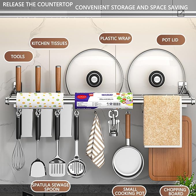 Hanging Wall Mount knife Wall Mount, Kitchen Organizer Storage Shelf for Utensils Spatula Spoon, Space-Saving Knife Rack with Hooks,Wall-Mounted Utensil Holder (Black, 60CM+Single Pole+10Hooks)