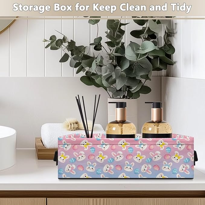 Narrow Storage Bins Multi-purpose Storage Baskets with Handles Bathroom Essentials Organizer Basket Fabric Vanity Tray for Office Supplies, Easter Egg Cute Bunny Rabbit Pink Blue Gradient