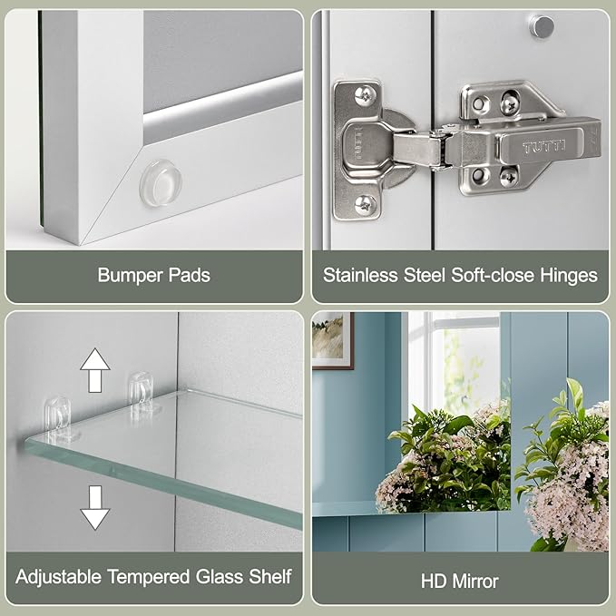 20x26 Inch Beveled Aluminum Medicine Cabinet with Mirror, Assembly Needed, Recessed/Wall Mount, 2 Adjustable Tempered Glass Shelves, Bathrroom Medicine Cabinet, Side Mirror, Reversable Door