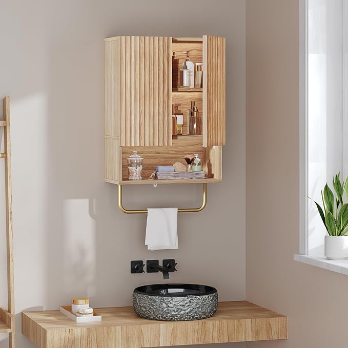 Bathroom Wall Cabinet, Wall Mounted Medicine Cabinets with Towel Bar & Adjustable Shelf, Over The Toilet Space Saver Storage Cabinet with 2 Doors, for Bathroom Laundry Room Kitchen, Natural