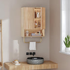 Bathroom Wall Cabinet, Wall Mounted Medicine Cabinets with Towel Bar & Adjustable Shelf, Over The Toilet Space Saver Storage Cabinet with 2 Doors, for Bathroom Laundry Room Kitchen, Natural