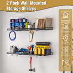 2 Pack Garage Wall Shelf, Garage Wall Mounted Shelving, Heavy Duty Floating Shelves With 4 Hooks, Loads 90 LBS Black Wall Shelves Mesh Storage Rack for Office, Basement, Wall Cabinet and Kitchen