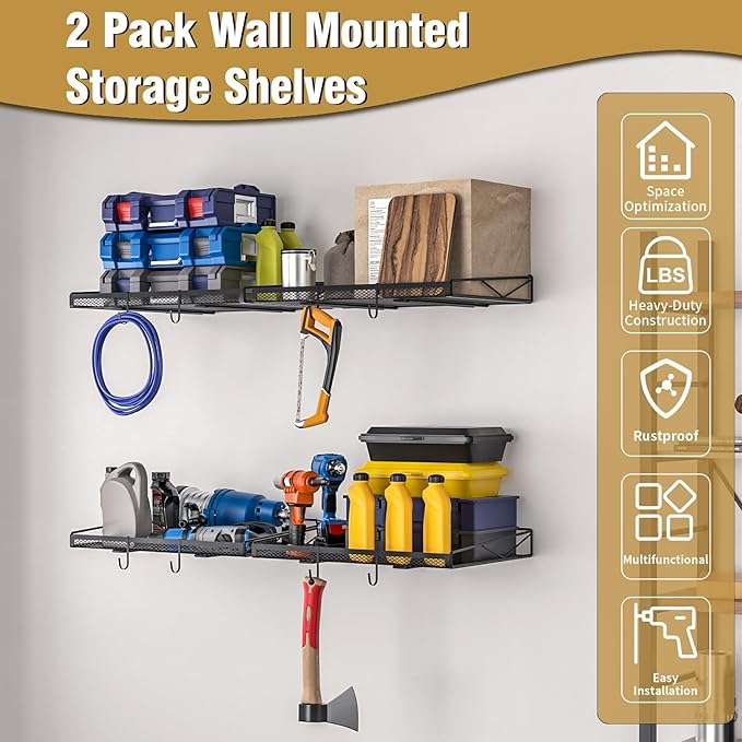 2 Pack Garage Wall Shelf, Garage Wall Mounted Shelving, Heavy Duty Floating Shelves With 4 Hooks, Loads 90 LBS Black Wall Shelves Mesh Storage Rack for Office, Basement, Wall Cabinet and Kitchen