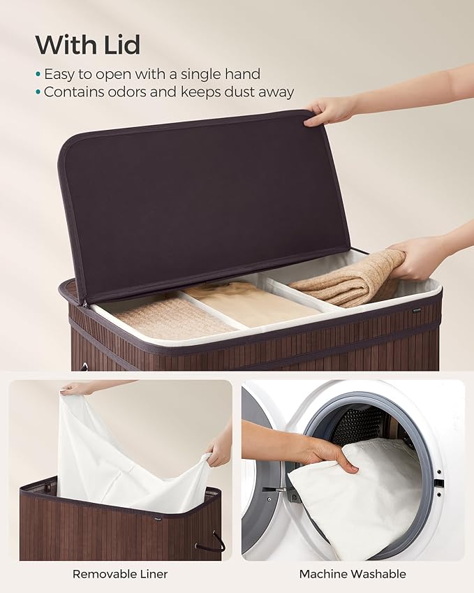 SONGMICS Laundry Hamper with Lid, Bamboo Laundry Basket, Removable Machine Washable Laundry Basket, with Handles, 39.6-Gallons, for Laundry Room, Bedroom, Bathroom, Chestnut Brown ULCB062K01