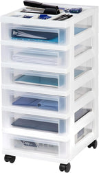 IRIS USA Plastic Drawer Storage Organizer Rolling Cart, 2-Pack, with Wheels Casters, 6-Drawers, for Classroom Art Craft Supplies Dresser Closet Bathroom Laundry Room, White/Clear