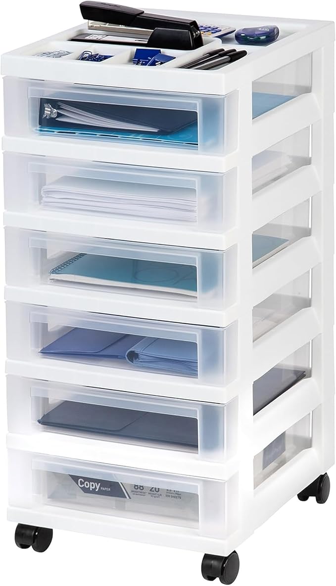 IRIS USA Plastic Drawer Storage Organizer Rolling Cart, 2-Pack, with Wheels Casters, 6-Drawers, for Classroom Art Craft Supplies Dresser Closet Bathroom Laundry Room, White/Clear