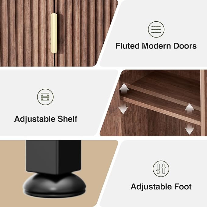 Over The Toilet Storage Cabinet with Fluted Doors and Adjustable Shelf, Tall Bathroom Organizer with Metal Stand Space Saver Over Toilet, Wood Rack for Bathroom, Restroom, Laundry