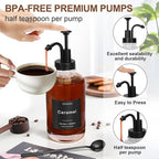 Coffee Syrup Dispenser for Coffee Bar, 16.9oz 500ml Glass Syrup Dispenser w Black Coffee Scoop, Coffee Syrup Pump Dispenser w 36 Labels and Bamboo Tray, Coffee Syrup Bottles with Black Pump, 3PCS