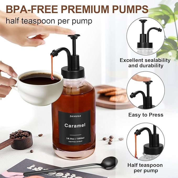 Coffee Syrup Dispenser for Coffee Bar, 16.9oz 500ml Glass Syrup Dispenser w Black Coffee Scoop, Coffee Syrup Pump Dispenser w 36 Labels and Bamboo Tray, Coffee Syrup Bottles with Black Pump, 3PCS