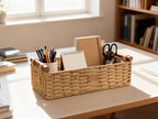 Back of Toilet Basket with Wood Handles, Khaki Wicker Toilet Paper Basket for Toilet Tank Top, Narrow Toilet Tank Basket, Bathroom Basket Organizer for Wipes & Essentials