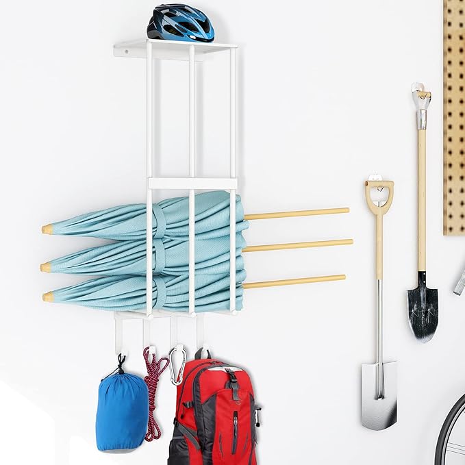 Camping Chair Wall Storage for Garage, Metal Camping Chair Storage Rack Wall Holder, Floating Shelf, 4 Hooks, Stainless Steel, Beach Chair Rack, Umbrella Holder, Garage Chair Organizer, White