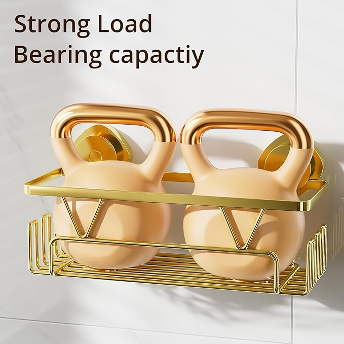 KEGII Suction Cup Shower Caddy – 3 Pack Suction Cup Shelf with Soap Holder & Hooks, Rustproof Stainless Steel Shower Organizer, Removable No Drilling Bathroom Storage Rack, Gold