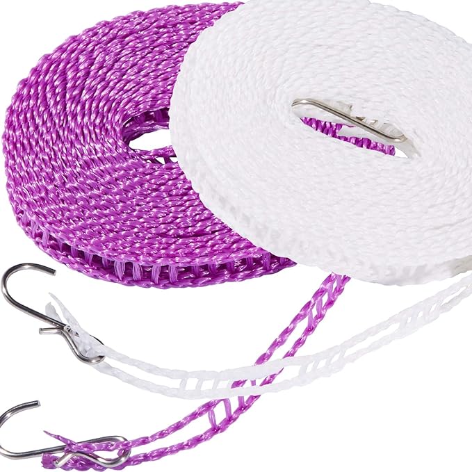 2 Pack Clotheslines 1.64ft Length Camping 5m Clothesline White Purple Drying Rope Portable Windproof Travel for Indoor Outdoor Laundry