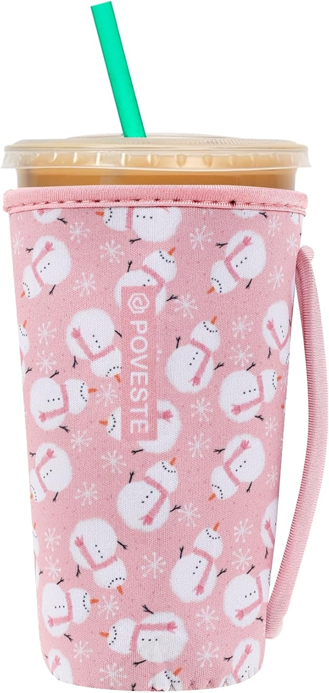 Reusable Neoprene Insulator Sleeve for Iced Coffee & Cold Soda, Coffee Sleeves for Iced & Hot Drinks, Cold Beverage Cooler Compatible with Starbucks, Dunkin (Christmas Snowman, Large: 32oz)