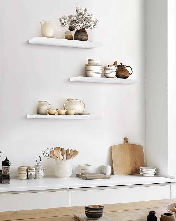 BAYKA White Floating Shelves for Wall, 22.5 inches Wall Mounted Rustic Wood Shelves for Bathroom, Bedroom, Living Room, Hanging Shelf for Books/Storage/Decor/Display (Set of 3)