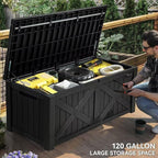 YITAHOME 150 Gallon Large Deck Box with X-Shaped Front, Resin Outdoor Storage Boxes, Waterproof Cushion Storage Bench for Patio, Pool Supplies, Garden Tools - Lockable, Black