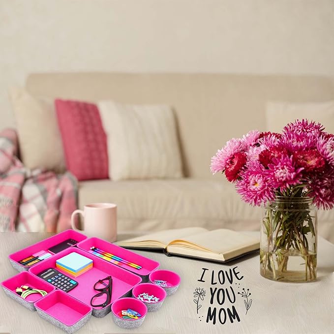 Welaxy Felt Desk Drawer Organizer Trays, 8-Piece Storage Bins for Jewelry, Office Supplies & Entryway Catchall (Hot pink)