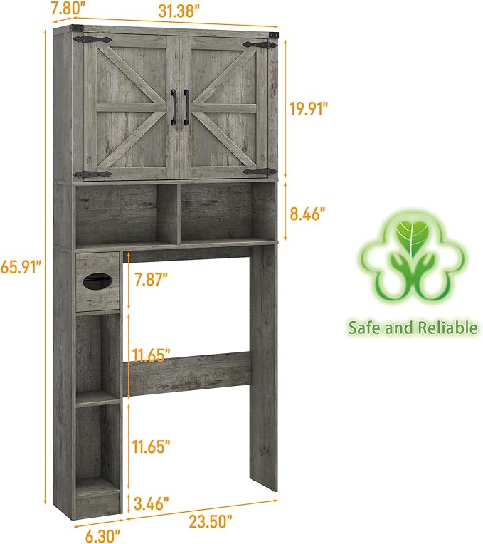 Vabches Over The Toilet Storage Cabinet, Farmhouse Storage Cabinet Over Toilet with 2 Barn Doors & Toilet Paper Holder Stand，Home Space-Saving Toilet Rack, for Laundry, Bathroom, Restroom.Grey Oak