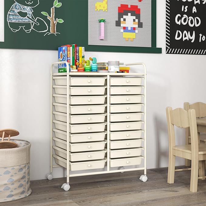 GOFLAME 20-Drawer Rolling Storage Cart, Multifunctional Art Craft Organizer, Mobile Utility Storage with Removable Drawers & Lockable Wheels, Craft Cart for Home Office, White