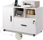 DEVAISE File Cabinet with Charging Station, 1-Drawer Lateral File Cabinets with Lock for Home Office, Wooden Rolling Printer Stand with Shelves, White