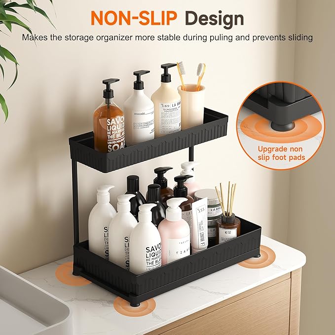 3 Pack Multi-Purpose Under Sink Organizers and Storage, 2026 L-Shaped Pull Out Cabinet Organizer for Bathroom & Kitchen, Under Cabinet Organizer with Hooks Hanging Cup (Black, 14.85 inch)