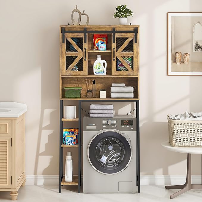 Vabches Over The Toilet Storage Cabinet, Farmhouse Storage Cabinet Over Toilet with Sliding Barn Door，Home Space-Saving Toilet Rack, for Bathroom, Restroom, Laundry，Brown