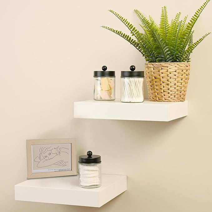 SheeChung 3-Pack Glass Apothecary Jars with Acrylic Vanity Tray - Bathroom Organizer Set for Qtip, Cotton Ball, Floss Picks - Modern Industrial Style Bathroom Accessories Storage Canister (Black)