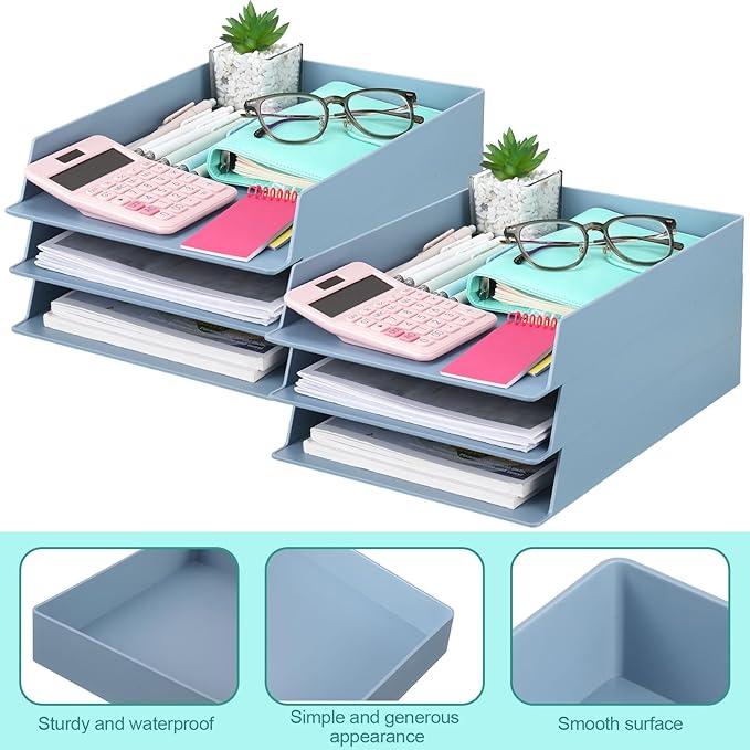 TecUnite 6 Pieces Stackable Letter Trays Blue Rectangular Stackable Office Letter Size Plastic Organizer Desk Tray for Desk Plastic Stacking Support for File Storage Office Classroom
