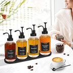 Coffee Syrup Dispenser for Coffee Bar, 16.9oz 500ml Glass Syrup Dispenser w Black Coffee Scoop, Coffee Syrup Pump Dispenser w 36 Labels and Bamboo Tray, Coffee Syrup Bottles with Black Pump, 4PCS