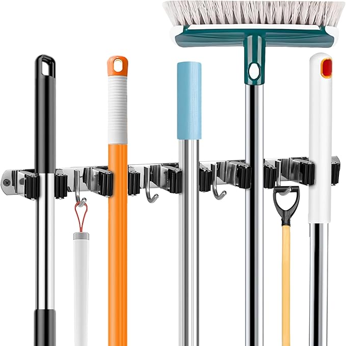 Broom Holder Wall Mount, Broom Organizer Wall Mount Stainless Steel Broom and Mop Hanger Heavy Duty Storage Organization for Home Kitchen Garden Garage Room 5 Racks 4 Hooks (1Pack)(Black Racks)