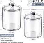 SheeChung 8 Pack Clear Acrylic Apothecary Jars with Labels,(4) 12oz & (4) 10oz Qtip Holder Set,Shatterproof Bathroom Vanity Organizer for Cotton Swabs,Balls,Pads,Bathroom Essentials,Minimalist Decor
