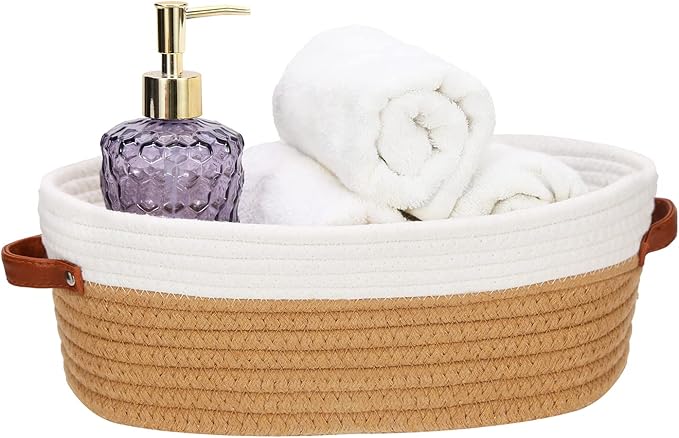 Bathroom Countertop Organizer Basket, Cotton Rope Woven Storage Basket Toilet Paper Decorative Basket for Bathroom, Bedroom, Living Room, Entryway 13"x6.3"x4.3" (Off White/Jute)