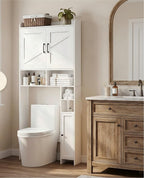 Homhedy Over The Toilet Storage Cabinet with 2 Barn Door and Toilet Paper Holder Stand, FreeStanding Toilet Shelf Space Saver, for Bathroom, Restroom, Laundry, White