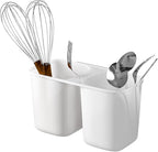 SANNO Dish Rack Utensil Holder, Hanging Cutlery Drainer Caddy with Hooks, 2 Compartment Flatware Organizer for Forks, Spoons, Knives, Fits Over Most Dish Drying Racks, White