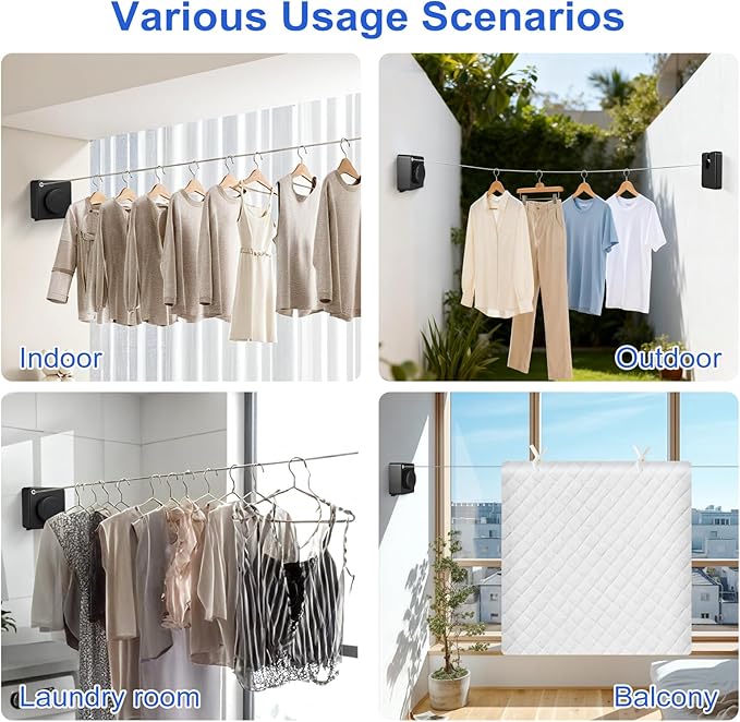 15.7Ft Retractable Clothesline Indoor Outdoor is Also an Anti-sag Clothes line for Indoors, Stainless Steel Wire Retractable Laundry Line for Drying Clothes, with 10 Windproof Clips (Black)