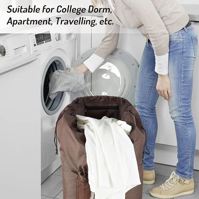 Seiritex Large Laundry Backpack Bag with Detergent Holder and Adjustable Shoulder Straps, Clothes Laundry Backpack for College, Travel, Apartment, Laundromat, Dorm Room (Brown)