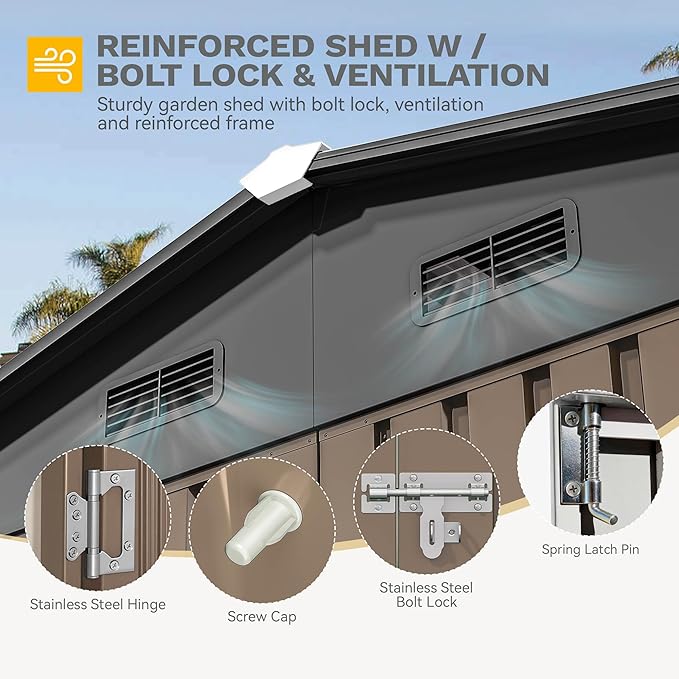 DWVO 10x8FT Outdoor Storage Shed, Spacious Metal Tool Shed with Lockable Doors & Ventilation for Patio, Lawn, and Backyard, Ideal for Storing Garden Equipment, Lawnmowers, and Bicycles, Brown
