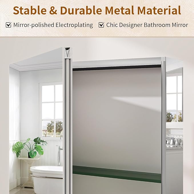 BEAUTYPEAK Bathroom Medicine Cabinet Mirror with Storage, 20 Inch x 24 Inch Silver Medicine Cabinet with Single Door & Adjustable Shelves for Vanity, Tempered, Aluminum Surface, Wall-mount or Recessed