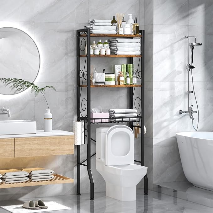 Aduanbang Over-The-Toilet Storage Shelves, 4-Tier Bathroom Organizer with Adjustable Feet Pad and Basket, Freestanding Space Saver (Rustic Brown)