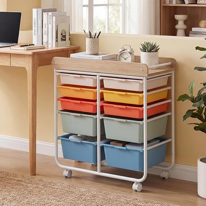 GOFLAME 10-Drawer Rolling Storage Cart, Craft Storage Cart with Wooden Tabletop, Lockable Wheels & Handles, Art Cart Supply Storage Organizer with Metal Frame for Home Office Classroom, Macaron Color