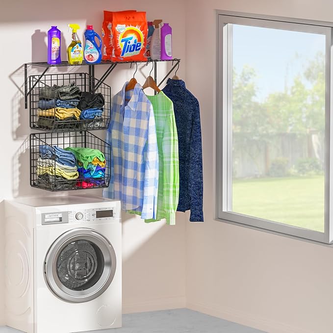 2 Pack Laundry Room Shelves with Wire Baskets, Over the Washer and Dryer Shelf, Wall Mounted Storage and Clothes Drying Rack, Wire Shelves Baskets for Laundry Closet Organization and Storage-Black