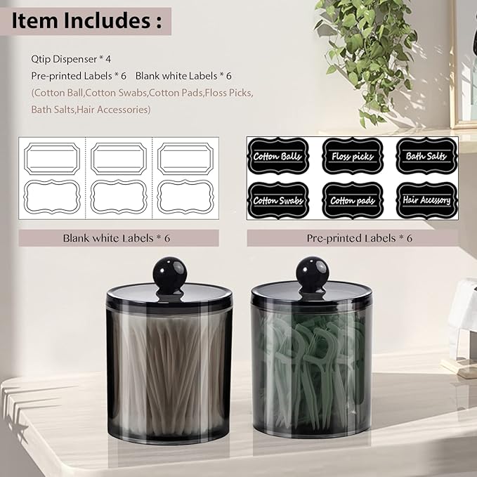 SheeChung 4-Pack Black Acrylic Apothecary Jars with Chalkboard Labels - Shatterproof Qtip Holder for Bathroom - Vanity Storage Canisters for Cotton Swabs,Balls,Floss Picks- Modern Minimalist Decor
