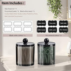 SheeChung 4-Pack Black Acrylic Apothecary Jars with Chalkboard Labels - Shatterproof Qtip Holder for Bathroom - Vanity Storage Canisters for Cotton Swabs,Balls,Floss Picks- Modern Minimalist Decor