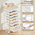 Rolling Cart with 8 Drawers, Plastic Drawer Storage Carts with Wheels & Wooden Tabletop, Metal Utility Cart Organizer for Bedroom Living Room Office Classroom Craft Organization and Storage, White