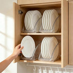 4 Pack 10 Inch Paper Plate Holder, Plastic Plates Dispenser Organizer, Under Cabinet Vertical Dinner Dish Drainer, Reusable Plate Drying Rack, Salad Dessert Dish Cradle for Kitchen Countertop