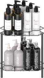 2 Tier Floor Standing Corner Shower Caddy Organizer Shelf with Hooks, Bathroom Shelves Stand Rack, Matt Black