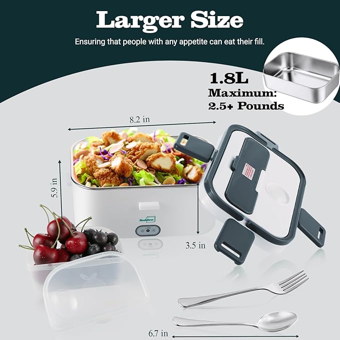 Buddew Electric Lunch Box for Adults, 80W Heated Lunch Box 1.8L Stainless Steel Portable Food Warmer,12/24/110V Lonchera Electrica Portatil for Travel & Work, Loncheras para Hombres de Trabajo(Gray)