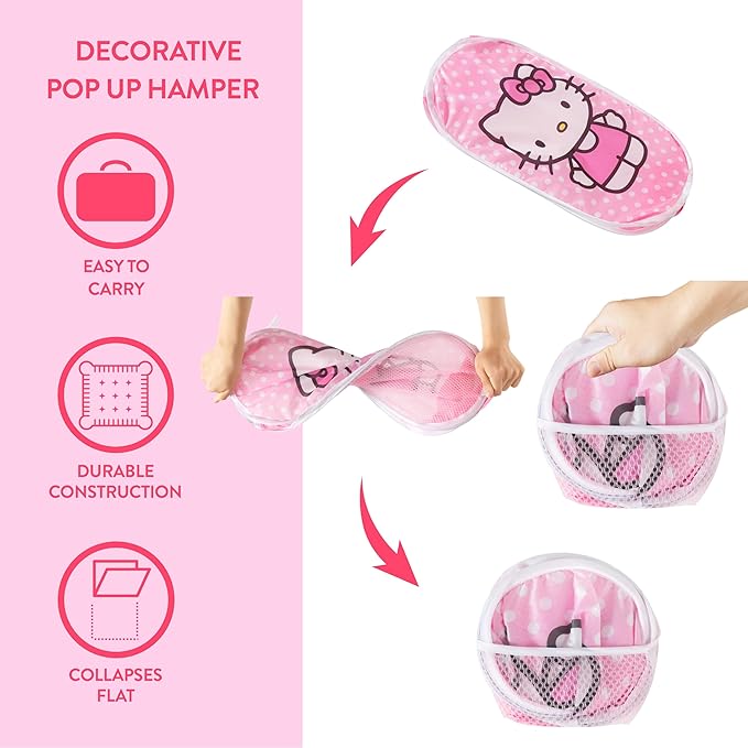 Sanrio Hello Kitty Pop-Up Hamper,Collapsible Laundry Basket with Durable Handles,Lightweight Storage Bin for Kids' Bedroom, Nursery, or Playroom,Pink