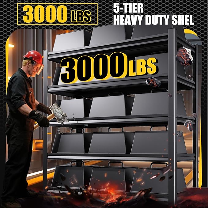 5-Tier Garage Shelving Heavy Duty, 3000LBS Garage Shelves, Adjustable Metal Shelving Unit, Garage Storage Shelves, Utility Rack Shelf, Shelves for Garage Storage, 72" H×45.7" W×20" D, 2 Pack